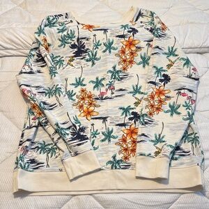 Old Navy Cream tropical Palm tree flamingo Patterned Sweatshirt size xl paradise